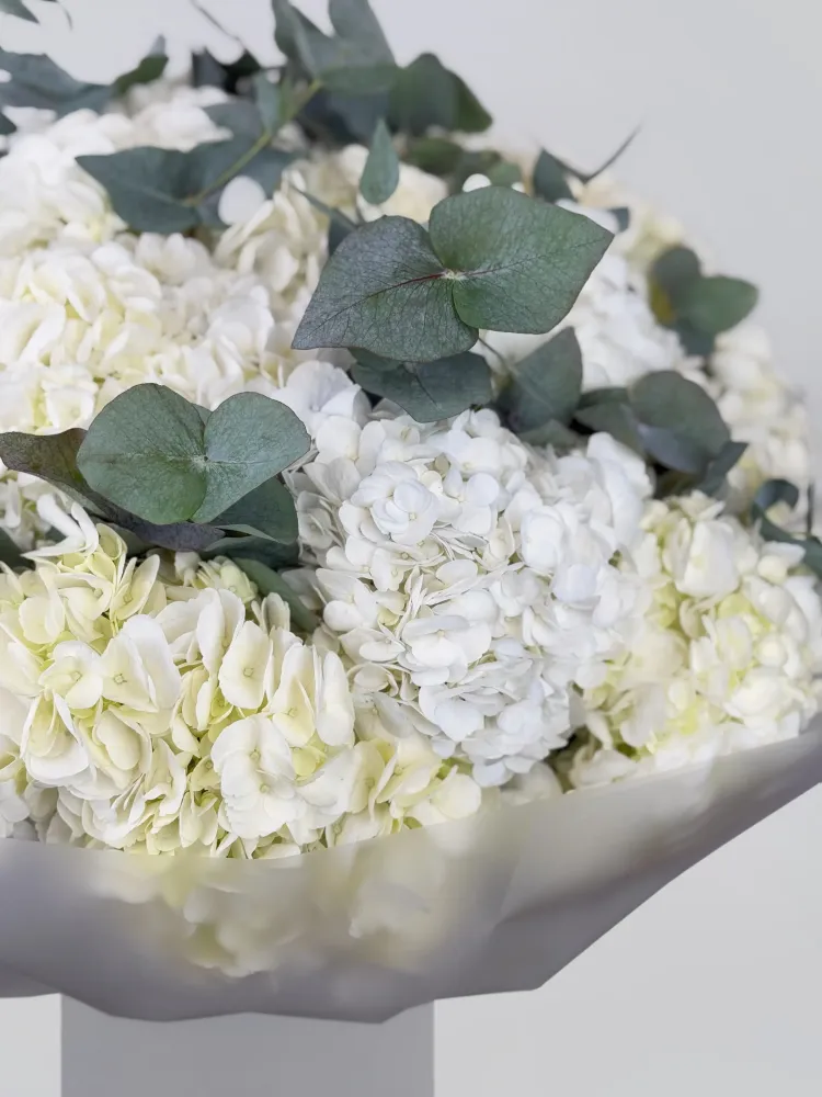 Elegant white hydrangea bouquet with eucalyptus