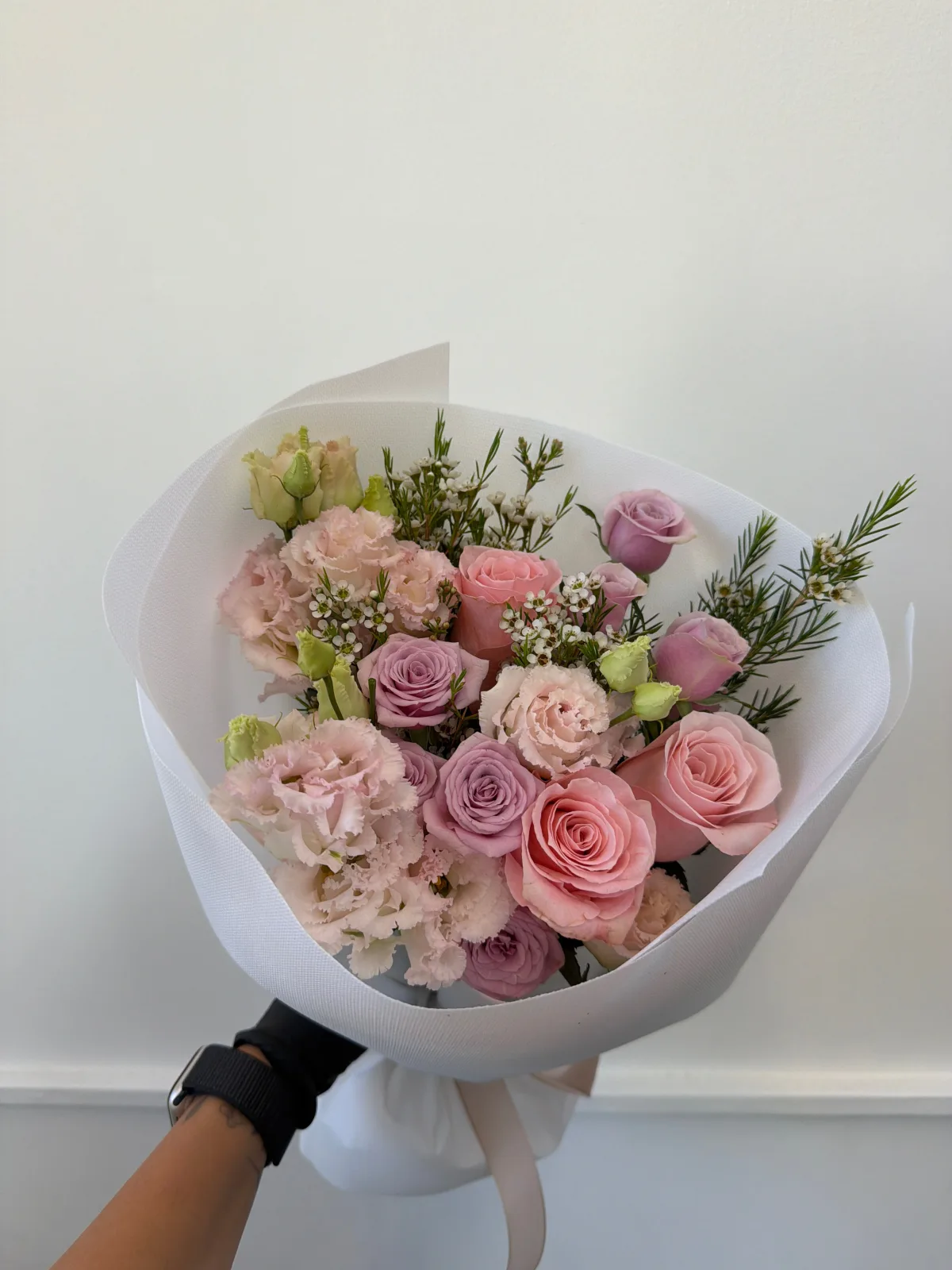 Pistachio blush bouquet (hydrangeas, roses & lisianthus)