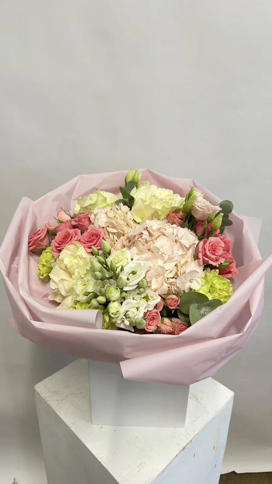 Pistachio blush bouquet (hydrangeas, roses & lisianthus)