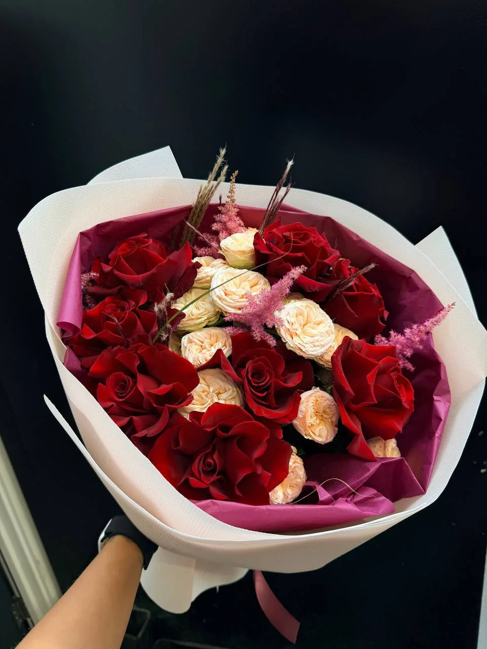 Burgundy roses & cream garden roses bouquet (roses, spray roses, astilbe, pampas)