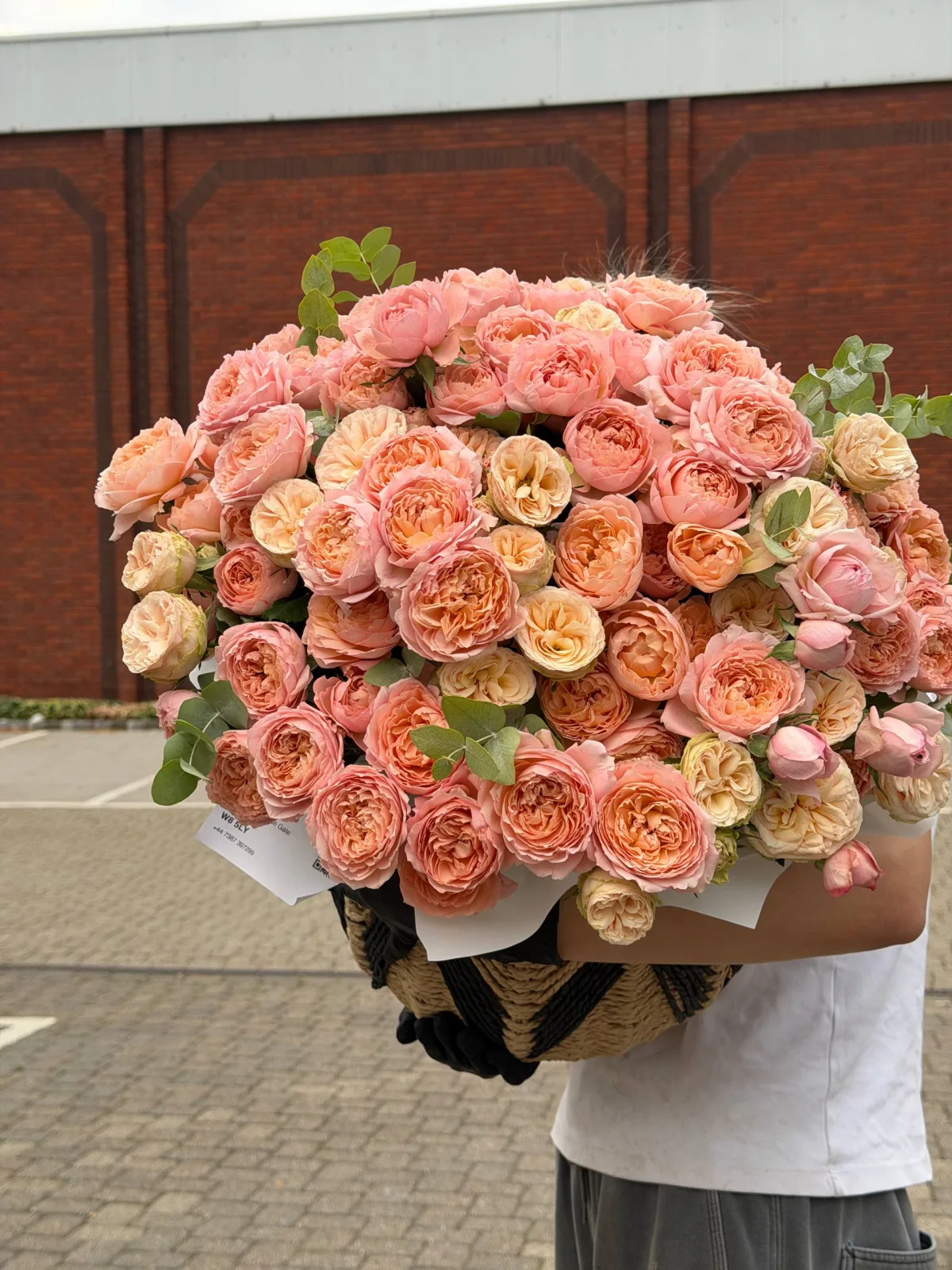 Peach & coral garden rose basket (garden roses, peony roses, eucalyptus)