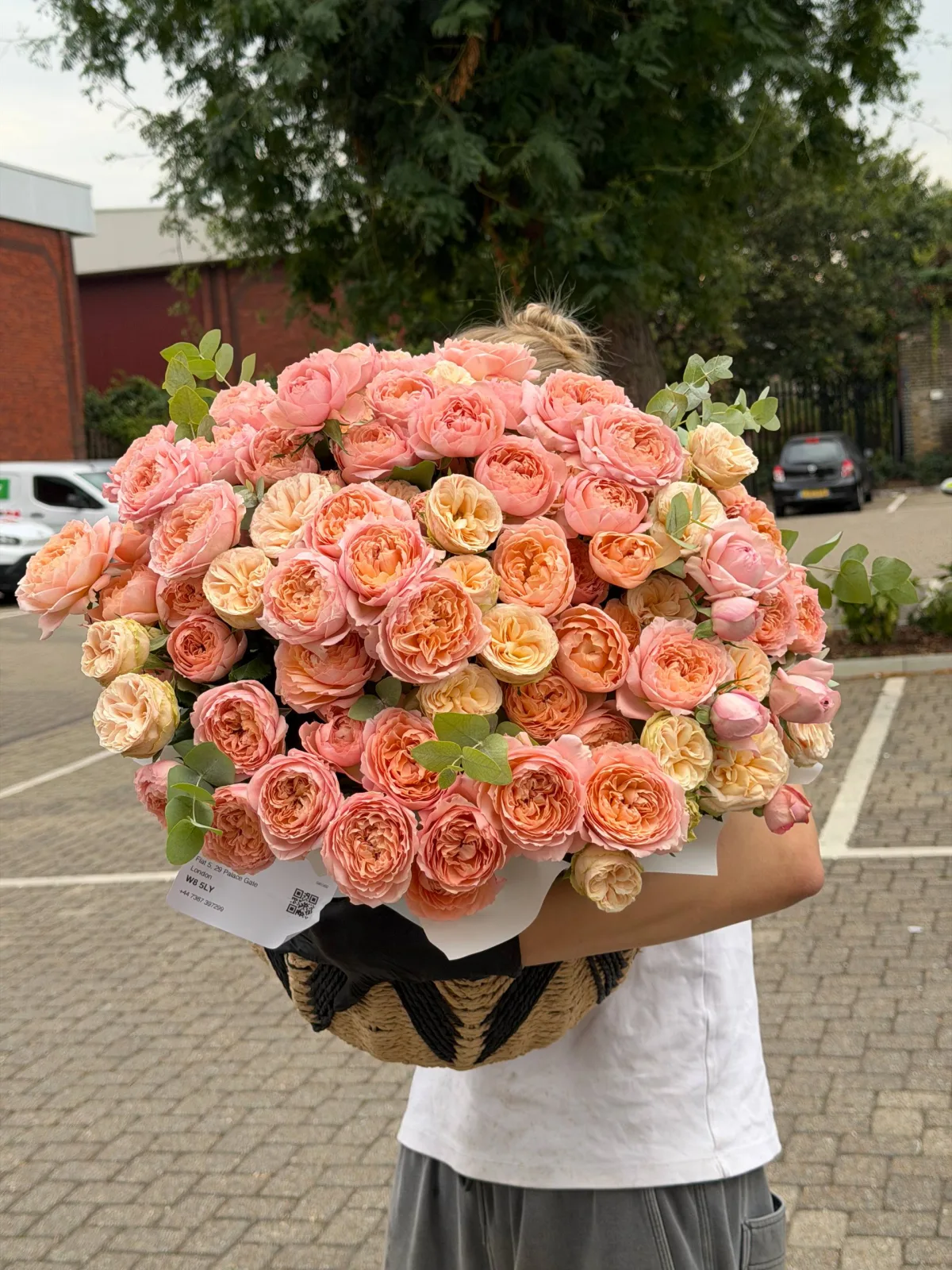 Peach & coral garden rose basket (garden roses, peony roses, eucalyptus)