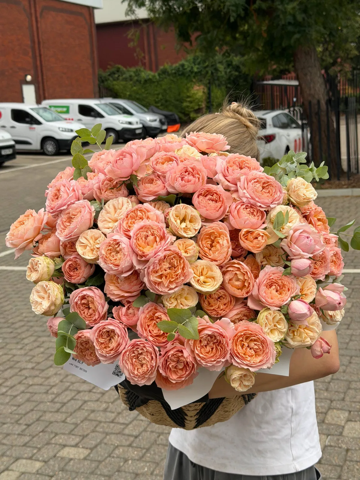 Peach & coral garden rose basket (garden roses, peony roses, eucalyptus)