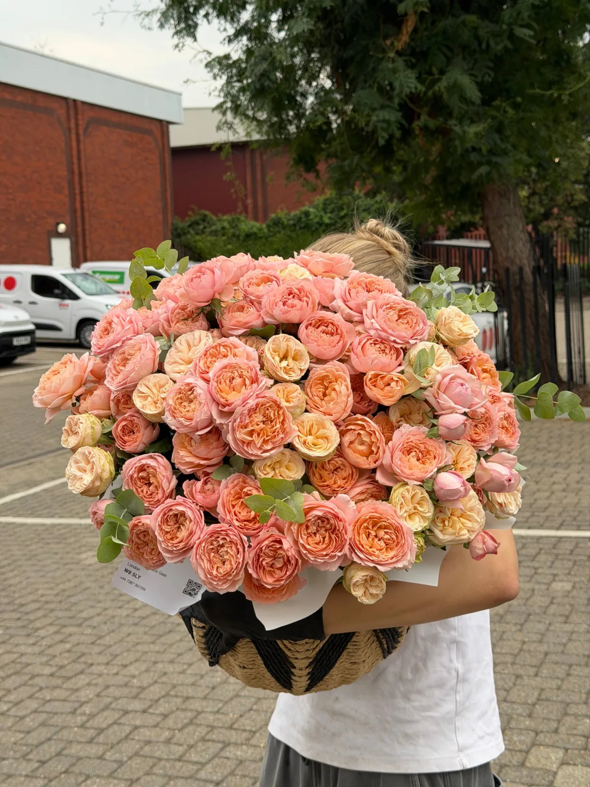 Peach & coral garden rose basket (garden roses, peony roses, eucalyptus)