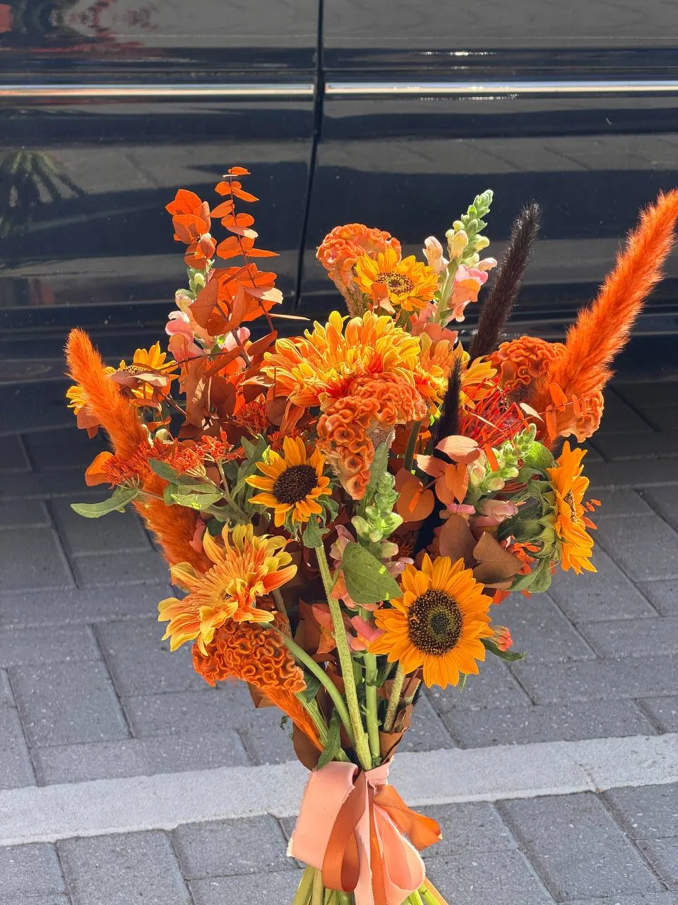 Autumn ember bouquet (sunflowers, celosia, snapdragons, pampas)