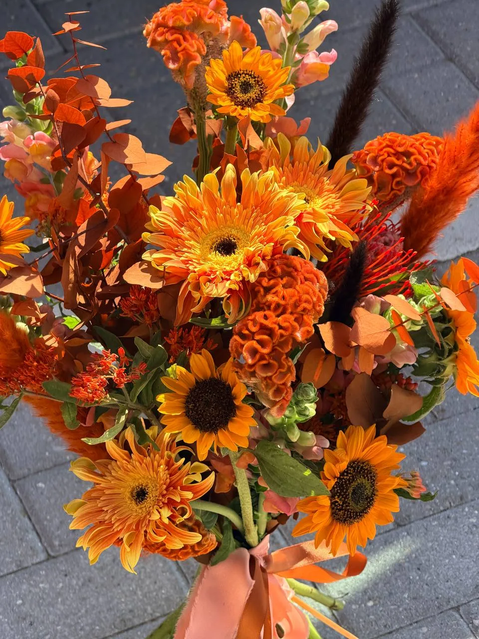 Autumn ember bouquet (sunflowers, celosia, snapdragons, pampas)