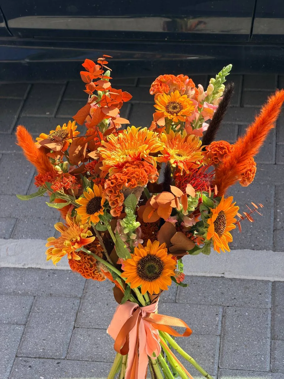 Autumn ember bouquet (sunflowers, celosia, snapdragons, pampas)
