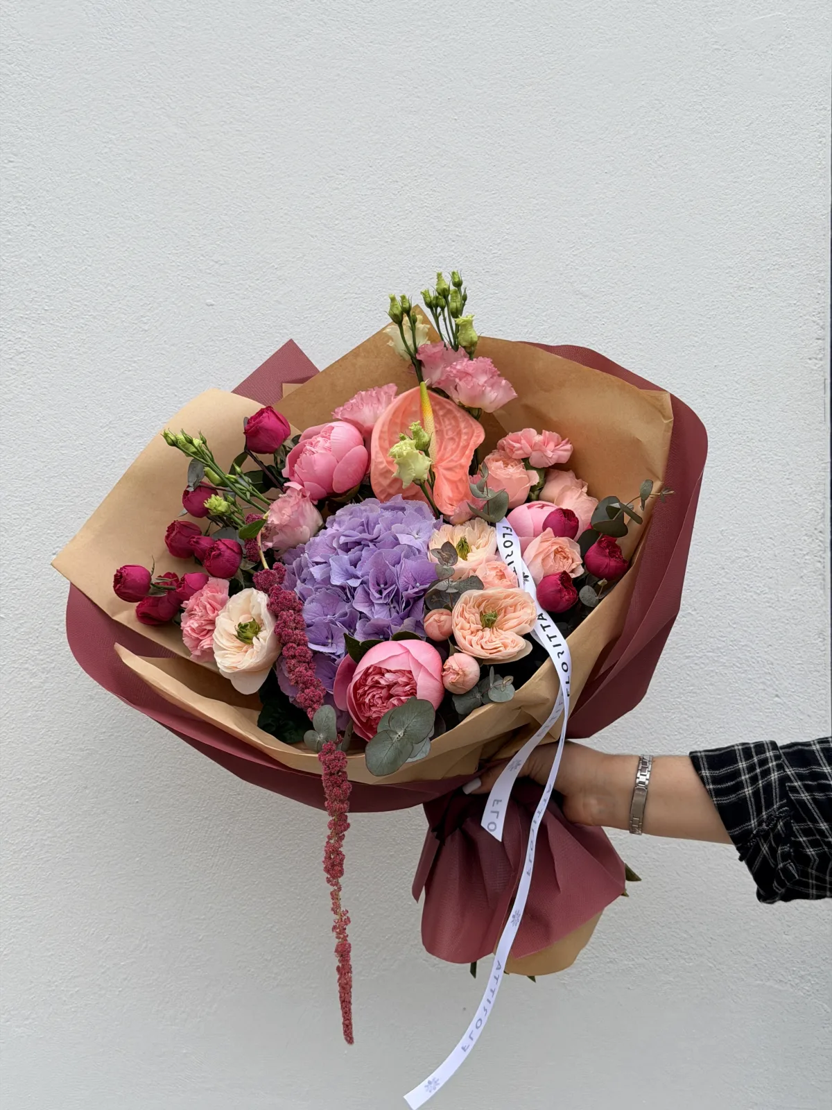 Mulberry garden bouquet (hydrangea, peonies & anthurium)