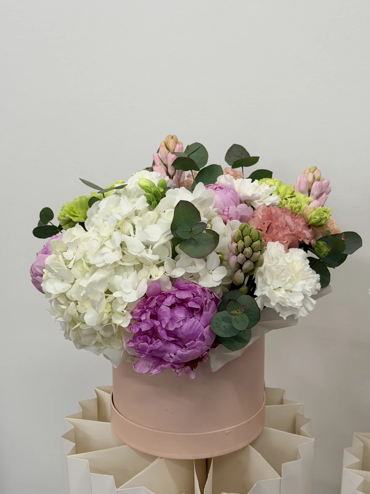 Lilac whisper hat box (hydrangeas, peony roses & hyacinth)