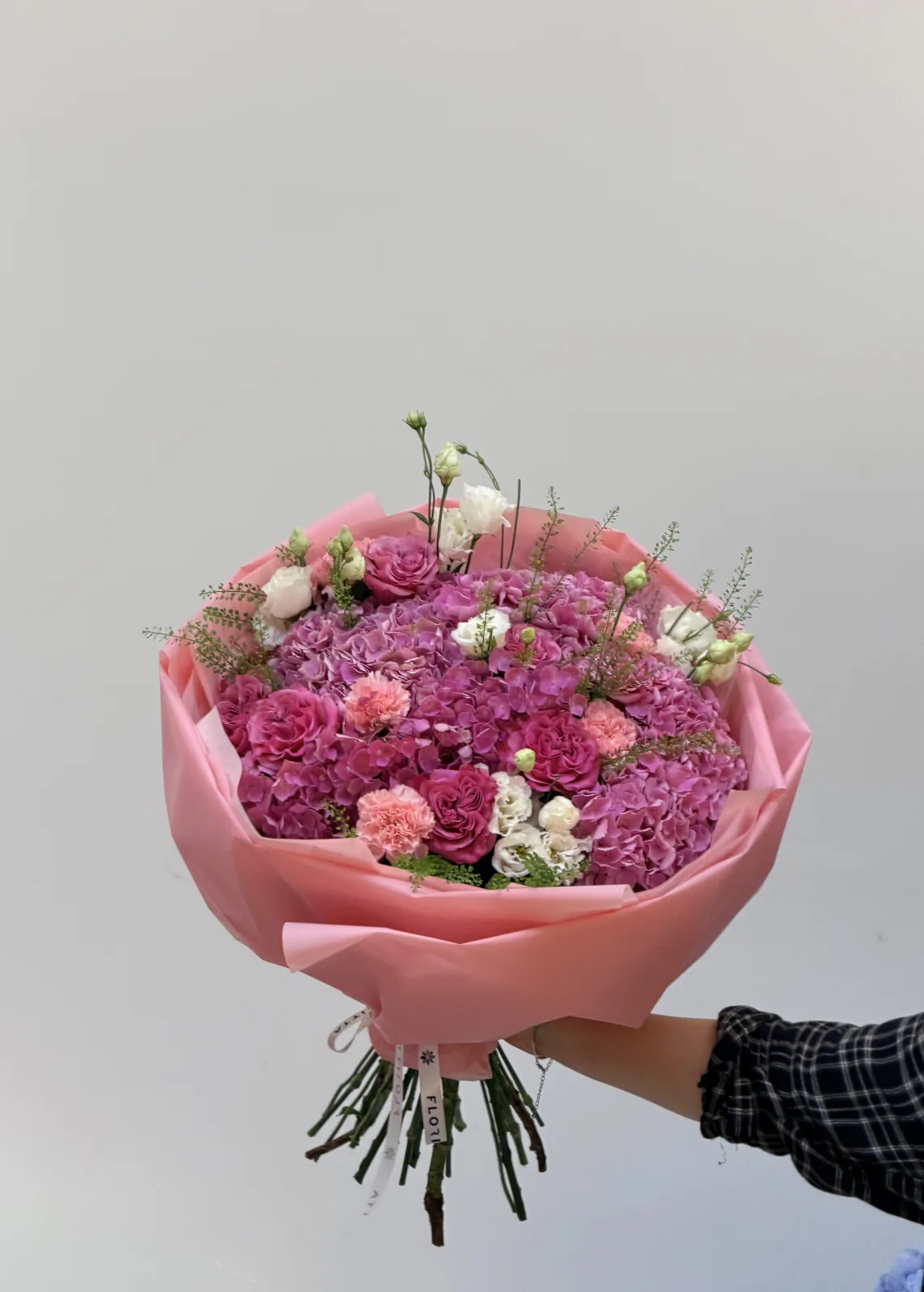 Magenta dusk bouquet (hydrangeas, roses, carnations)