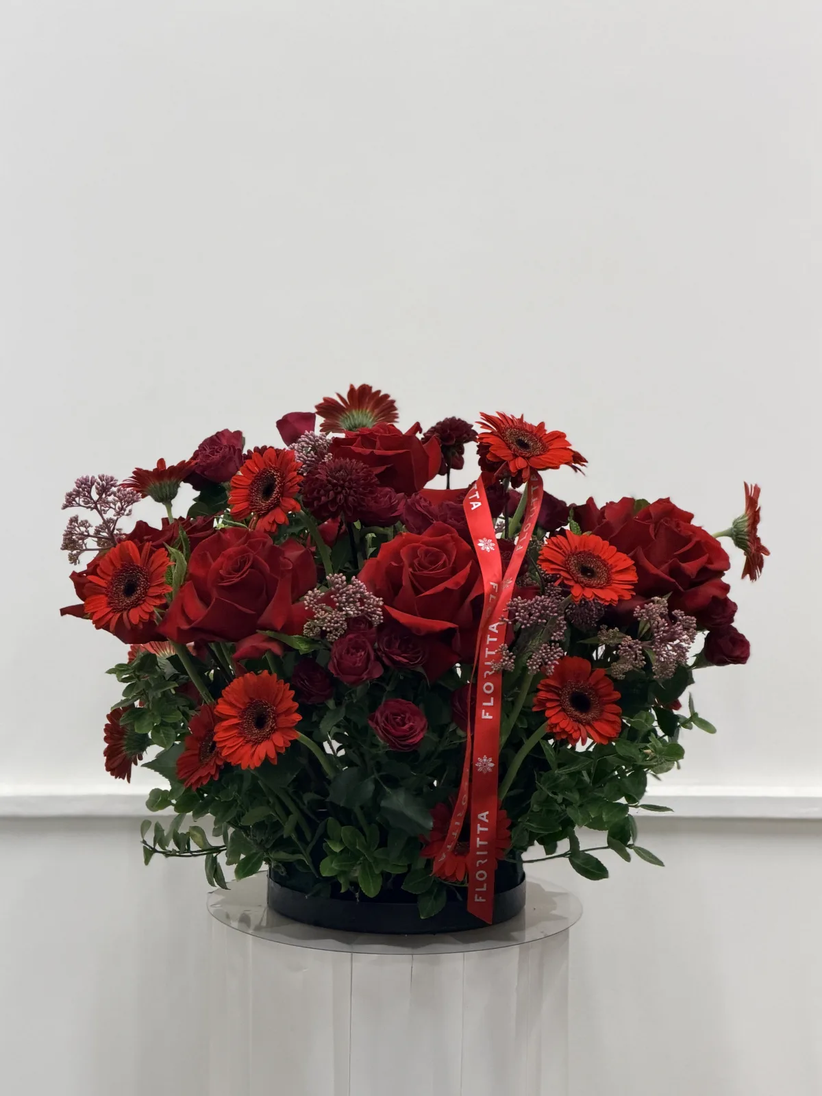 Scarlet gerbera & rose arrangement in black box