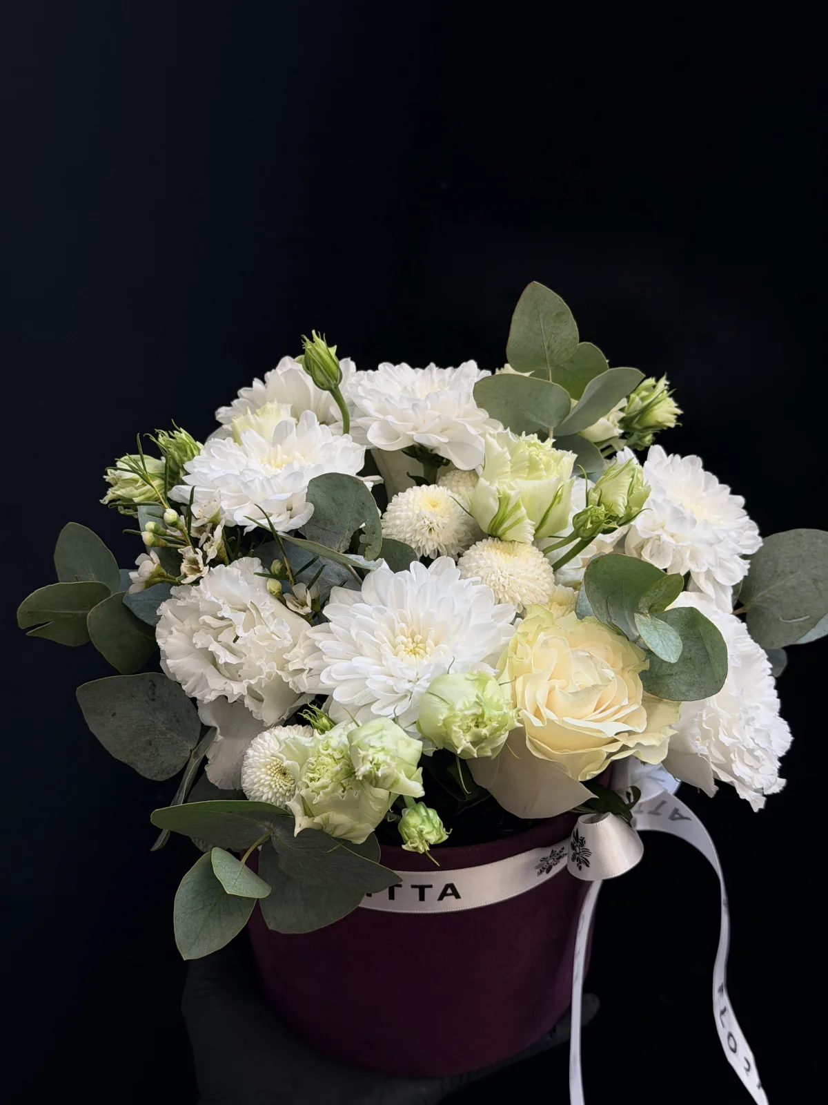 Ivory bloom hatbox in plum (roses, dahlias, lisianthus)