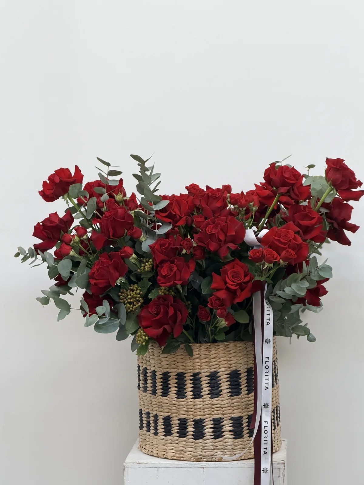 Ruby embers basket (red roses & eucalyptus)
