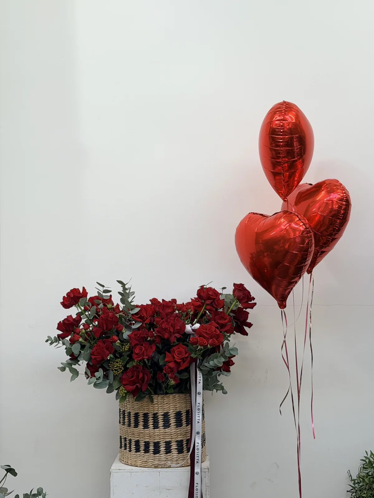 Ruby embers basket (red roses & eucalyptus)