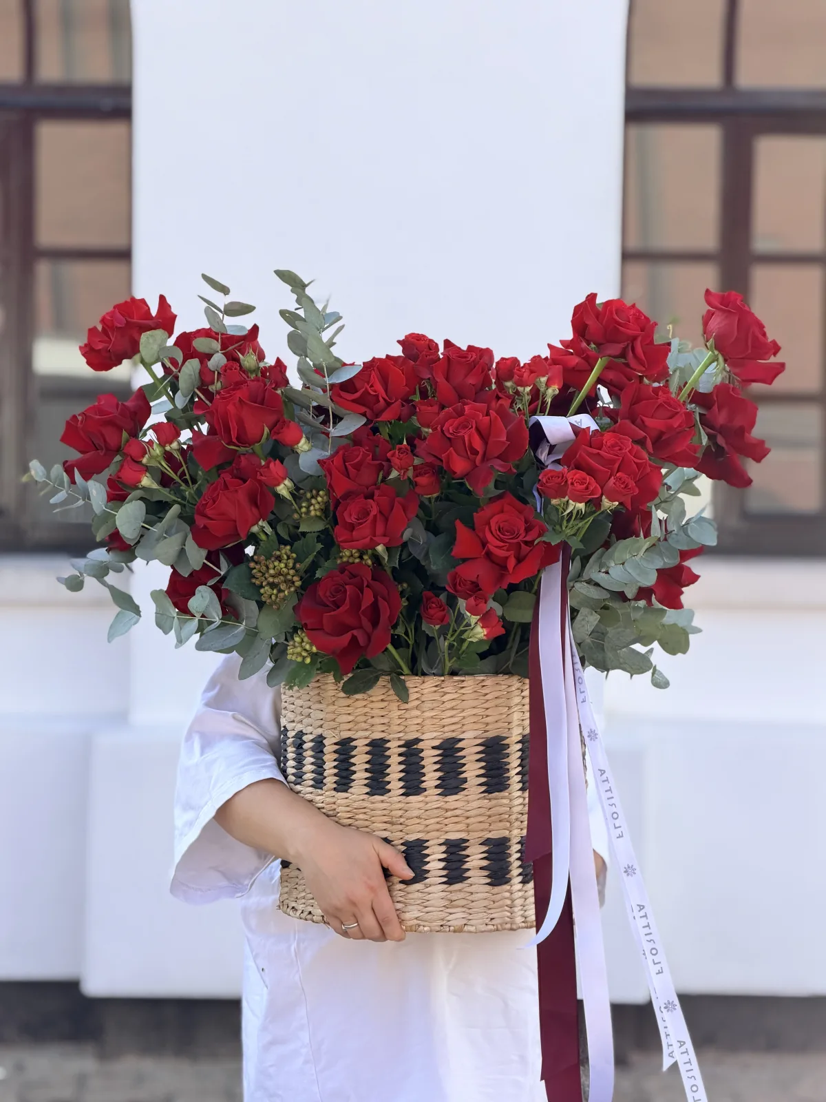 Ruby embers basket (red roses & eucalyptus)