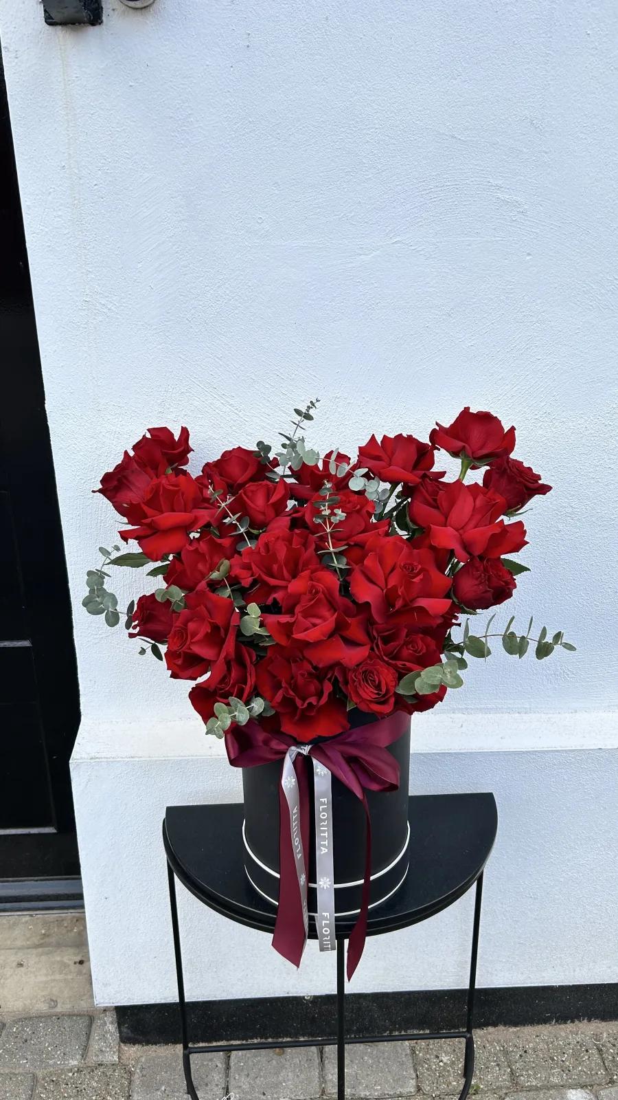Noir heart rose box (red roses & eucalyptus)