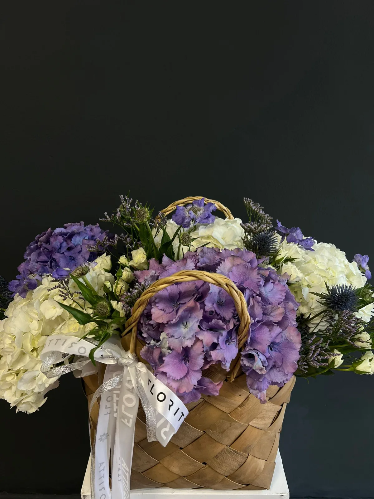 Amethyst hearth basket (hydrangeas & sea holly)