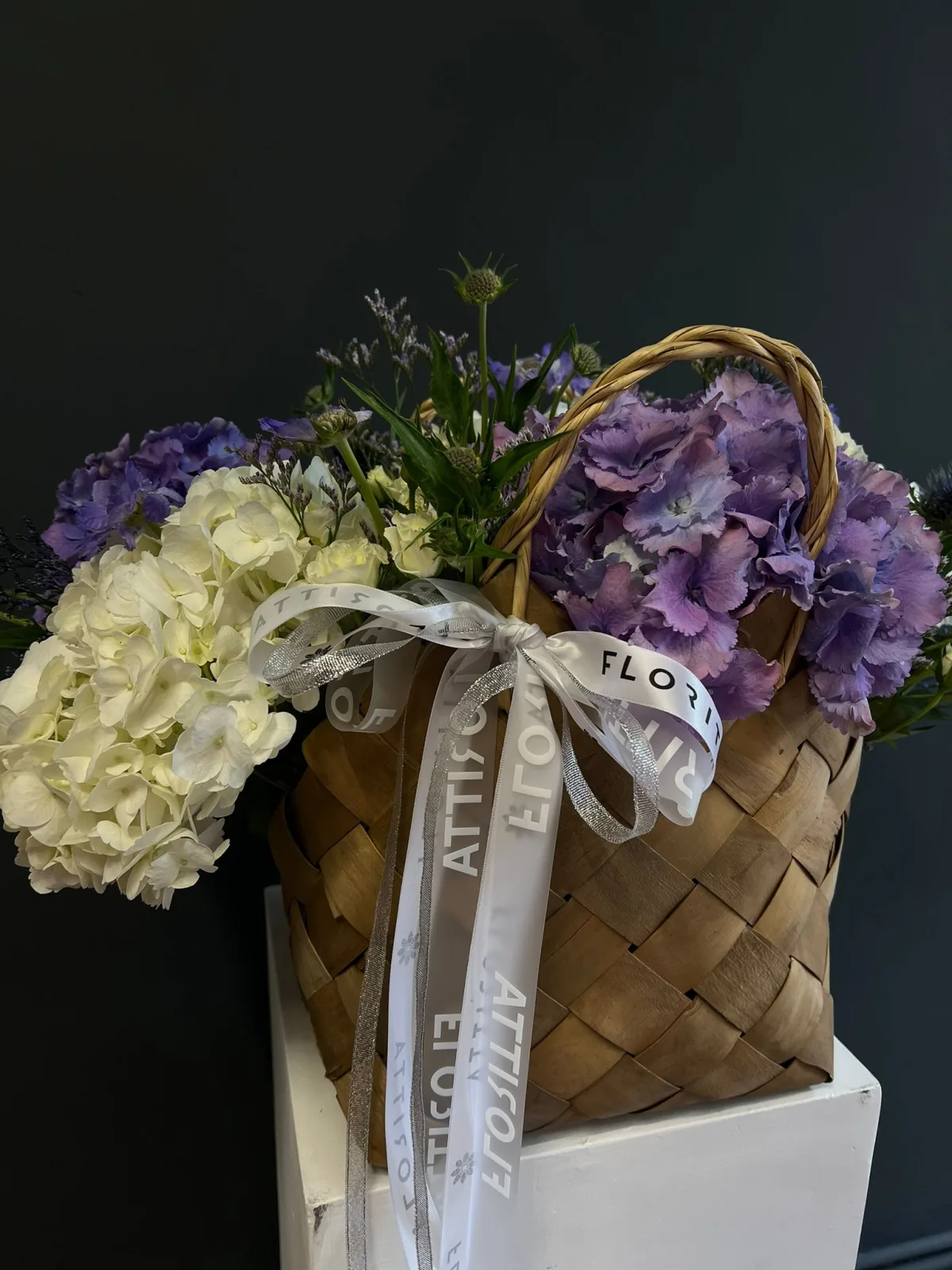Amethyst hearth basket (hydrangeas & sea holly)
