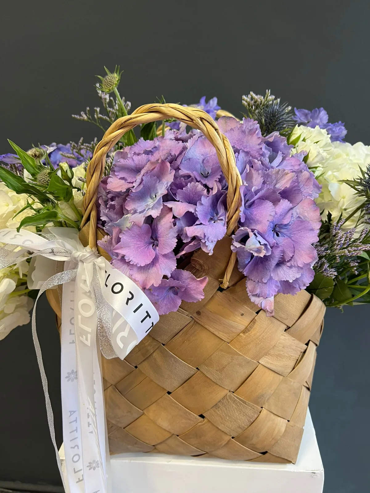 Amethyst hearth basket (hydrangeas & sea holly)