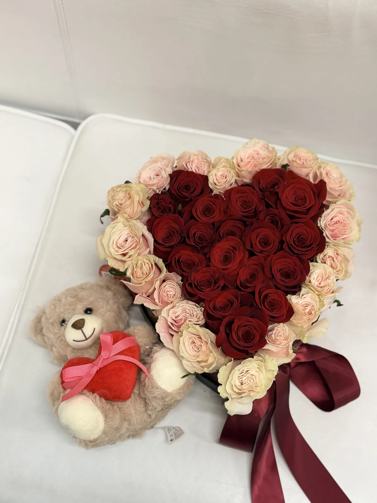 Sweetheart rose box with teddy (red & blush roses)