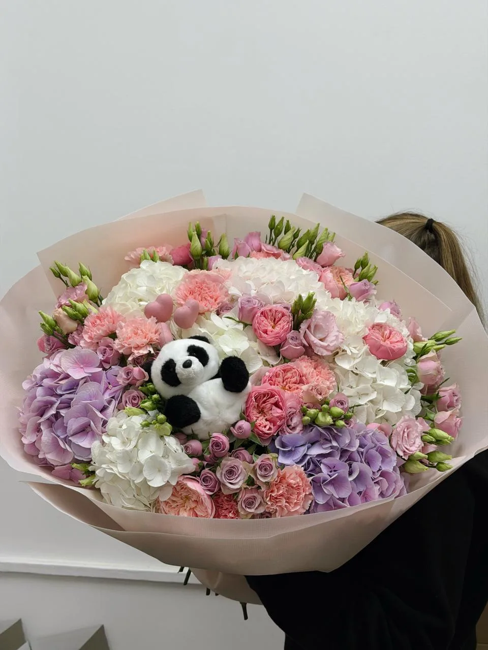 Panda cuddle pastel bloom bouquet (hydrangeas, peony roses, lisianthus & panda plush)