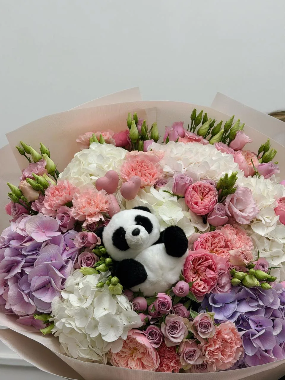 Panda cuddle pastel bloom bouquet (hydrangeas, peony roses, lisianthus & panda plush)