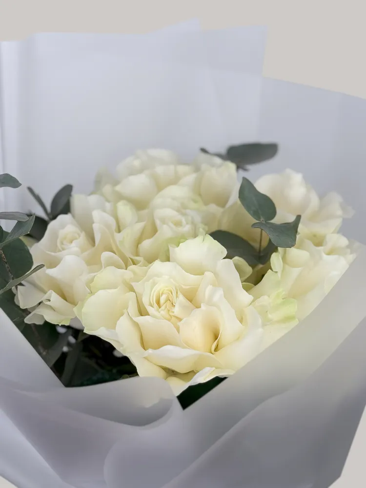 Luxurious cream roses with eucalyptus in white tissue wrap — Floritta